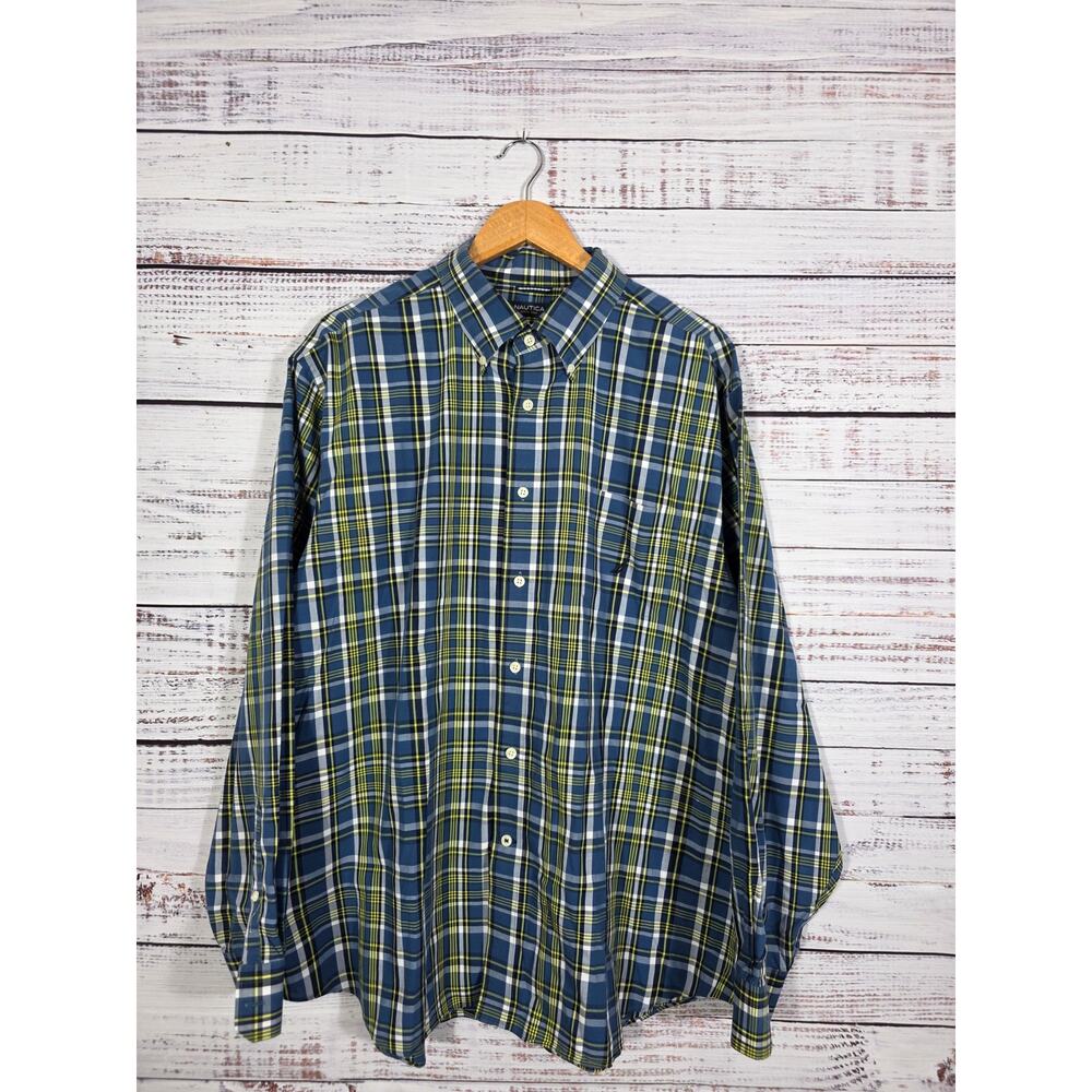 Nautica Shirt Men's 2XL Plaid Button Up Blue Classic Fit Long Sleeve